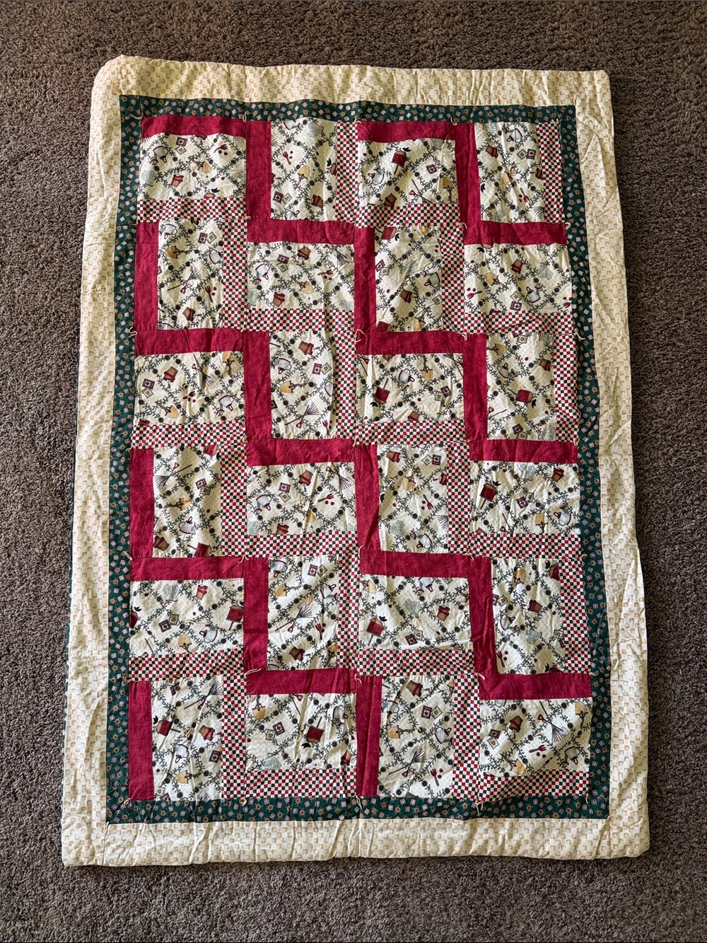 Handmade Red & Cream Patchwork Quilt - Classic Home Bedding
